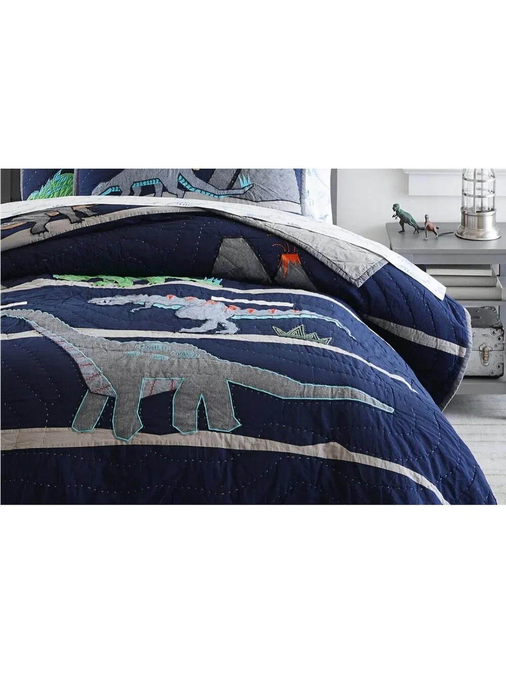 Pottery Barn Kids Quilt Dinosaur Applique Embroidered Full 86x86 Pre-owned